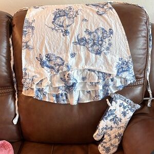 April Cornell Blue and White Ruffled Oven Mitt and full apron ruffled